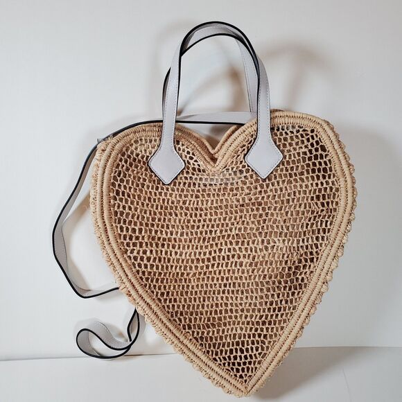 Poolside Women’s Tote Large Beige Raffia Leather Heart Shoulder Crossbody Bag - Picture 2 of 8
